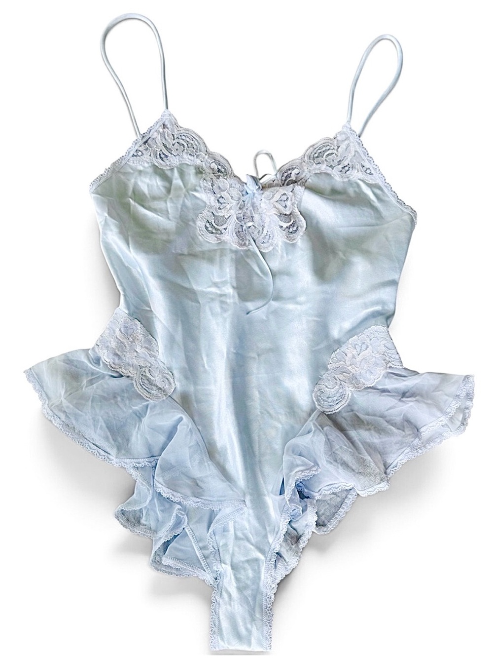 Vintage Indulgence Pale Blue Satin Lace-Trim Chemise Playsuit Bodysuit Medium